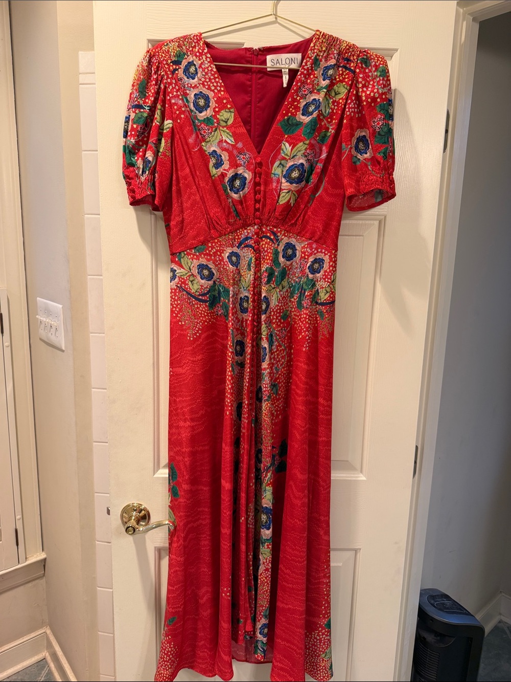 SALONI Red Floral V-Neck Midi Dress with Blue & Green Embroidery